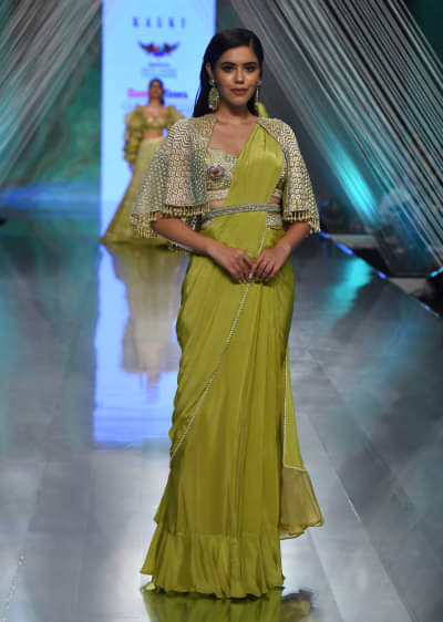 Citrus Green Pre Stitched Crepe Saree with Net Cape and V-Neck Crop Top