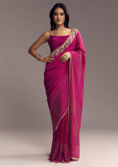Magenta Organza Saree With Cut Dana And Sequin Embroidery