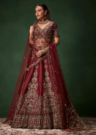 Maroon Bridal Moti Silk Lehenga Set with  Two Dupattas