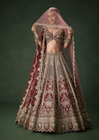 Maroon Bridal Silk Sequin Lehenga Set with  Two Dupattas