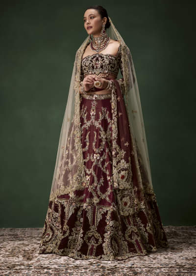 Maroon Bridal Silk Zardozi Lehenga Set with  Two Dupattas