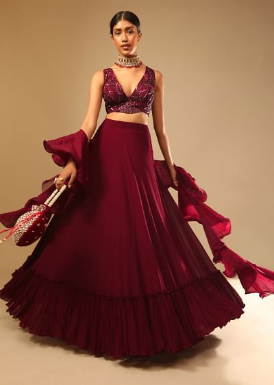 Buy Cherry Red Embroidered Skirt And Crop-Top Set In Georgette
