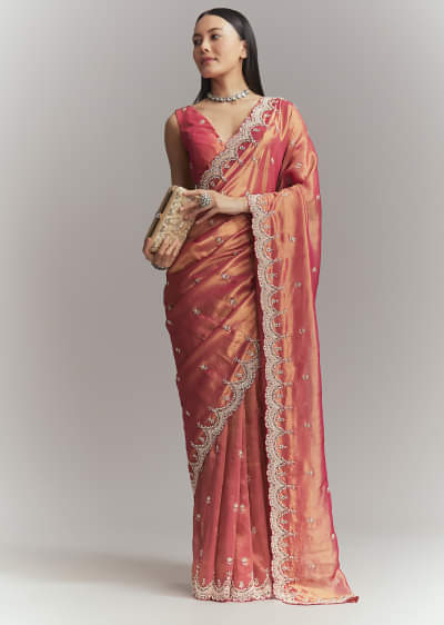 Maroon Silk Embroidered Saree With Heavy Hand Embroidery