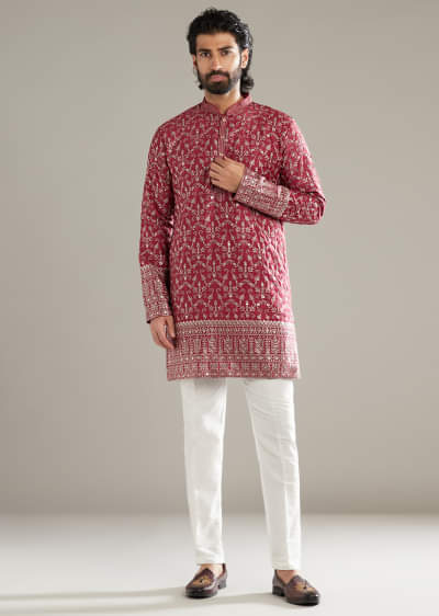 Maroon Silk Kurta Set For Men With Sequins And Resham Embroidery