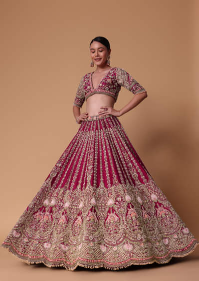 Maroon Raw Silk 16 Kali Zardozi Lehenga Set With Two Dupattas