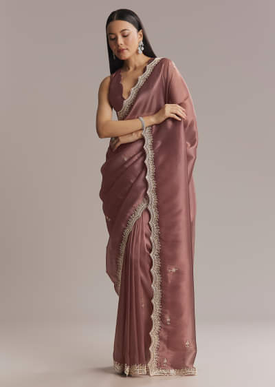 Mauve Silk Saree With Bead And Cutdana Embroidery