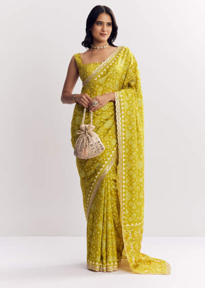 Mehendi Green Muslin Ajrakh Printed Saree With Gota And Mirror Work