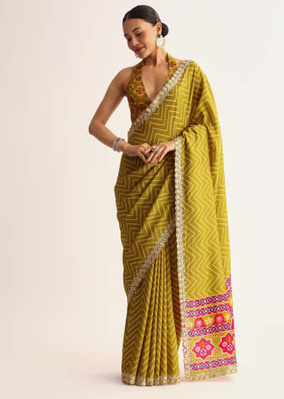 Mehendi Green Patola Printed Satin Saree With Scallop Embroidered Border