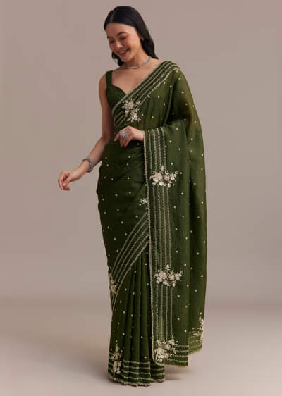 Buy Metallic Sea Green Tissue Organza Saree With Embroidered
