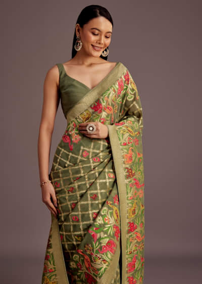 Mehendi Green Georgette Saree With Jaal And Animal-Bird Motifs