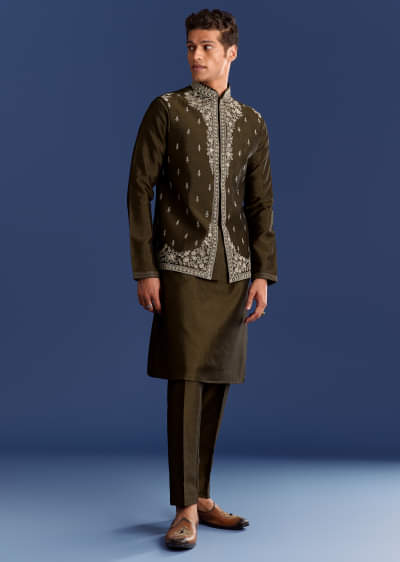 Mehndi Green Cotton Silk Kurta Jacket Set With Mirror Work