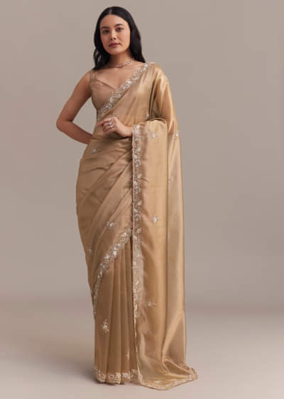 Metallic Gold Organza Tissue Saree With Cutdana And Bead Embroidery