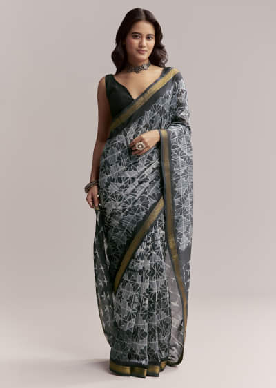 Midnight Blue Linen Printed Saree With Hand Dyed Shibori Print
