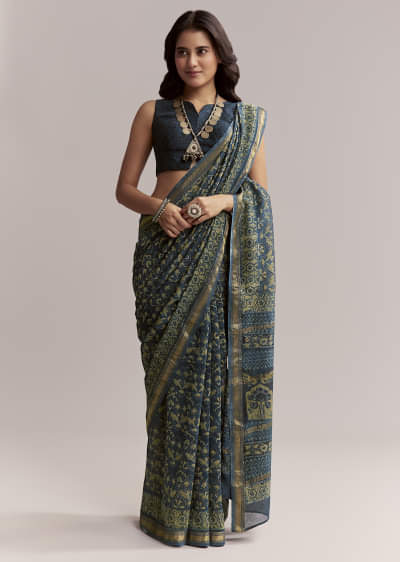 Midnight Blue Linen Printed Saree With Traditional Ajrakh Print