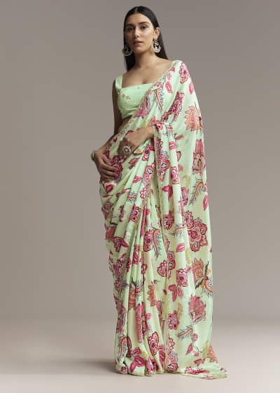 Mint Green Floral Crepe Saree With Scallop Border