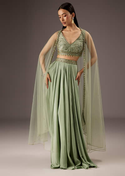 Mint Green Silk Crop Top Skirt With Monotone Embroidery