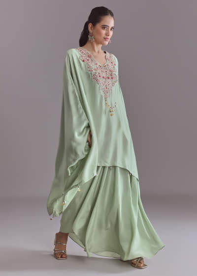 Mint Green Silk Kaftan Top And Drape Skirt Set With Resham Work