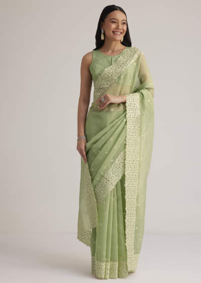 Mint Green Tissue Silk Sequins Saree With Scallop Border