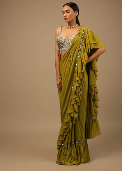 Moss Green Ready To Wear Ruffle Saree With A Heavy Sequins And Cut Dana Embroidered Crop Top