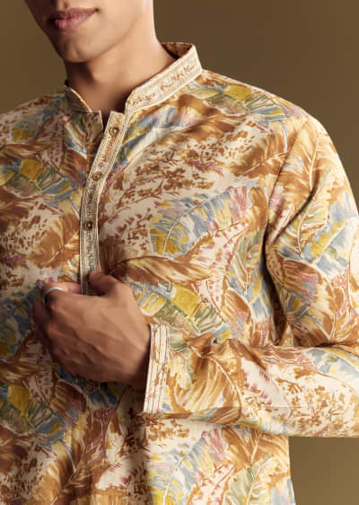 Multi Colored Linen Kurta Set With Floral And Foil Highlights