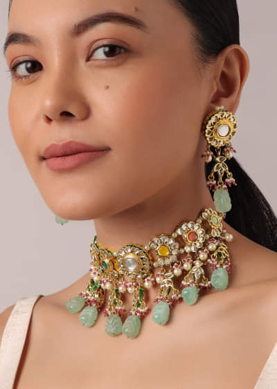Multicolor Choker Set With Bead Drops And Studded Kundan Polki