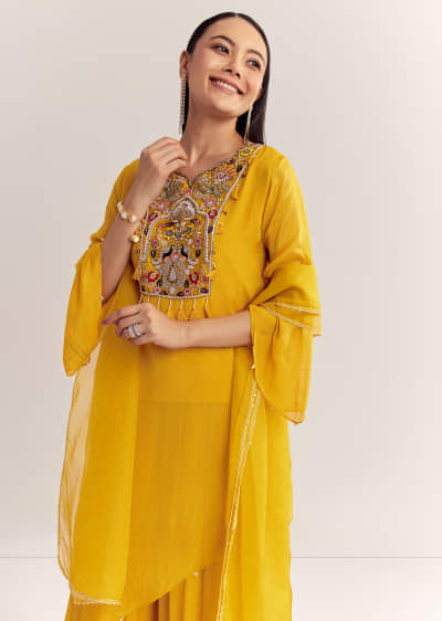 Mustard Chinon Asymmetrical Embroidered Kurta Set With Dupatta