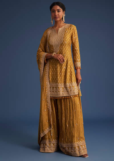 Mustard Yellow Chinon Bandhani Palazzo Set