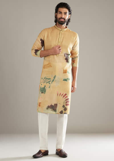 Mustard Yellow Kurta Set For Men With Abstract Print