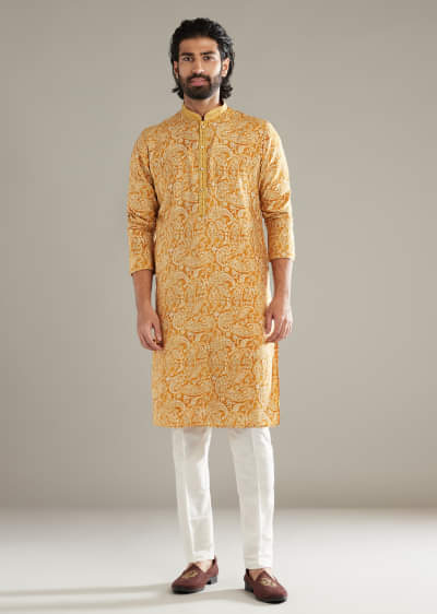 Mustard Yellow Silk Kurta Set For Men With Paisley Print