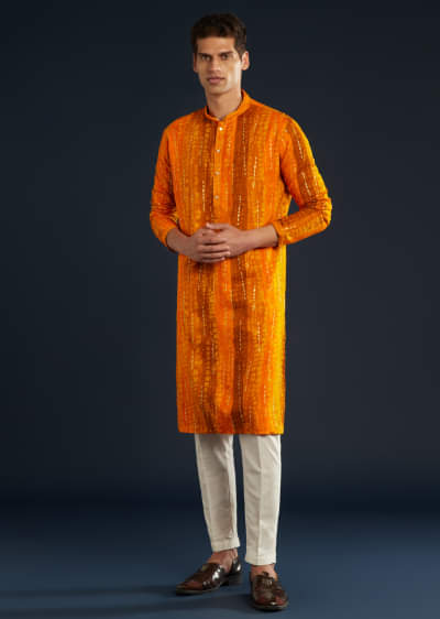 Mustard Yellow Silk  Mens Kurta Set with Resham Work
