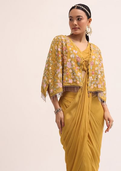 Buy Yellow Chiffon Crop Top And Skirt Set KALKI Fashion India