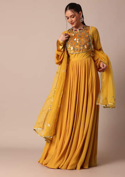 Mustard Yellow Velvet Embroidered Anarkali With Organza Dupatta