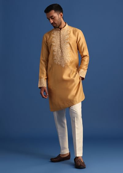 Buy Mustard Yellow Silk Kurta Set In Resham Work For Men KALKI Fashion India