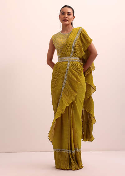 Mustard Yellow Georgette Pre Stitched Frill Saree With Embellished Blouse