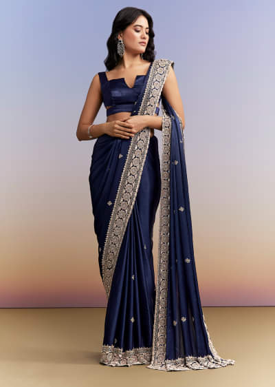 Navy Blue Satin Chinon Saree With Heavy Hand Embroidery