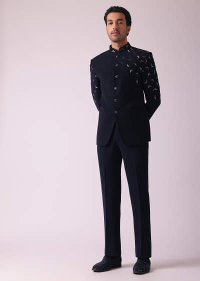 Navy Blue Embroidered Indowestern In Suiting Fabric