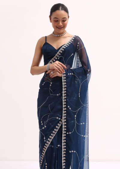Navy Blue Embroidered Organza Saree With Unstitched Blouse
