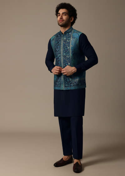 Buy Insign Blue Nehru Jacket And Kurta Set In Striped Hand
