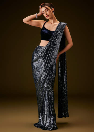 Navy Blue Sequins Ready Pleated Saree with Velvet Blouse