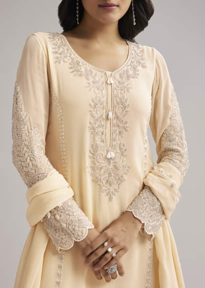 Off White Beaded Kurti Pant Set With Dupatta