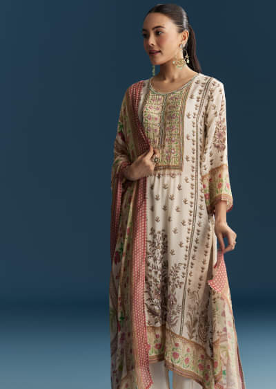Off White Crepe Printed Kurta Set