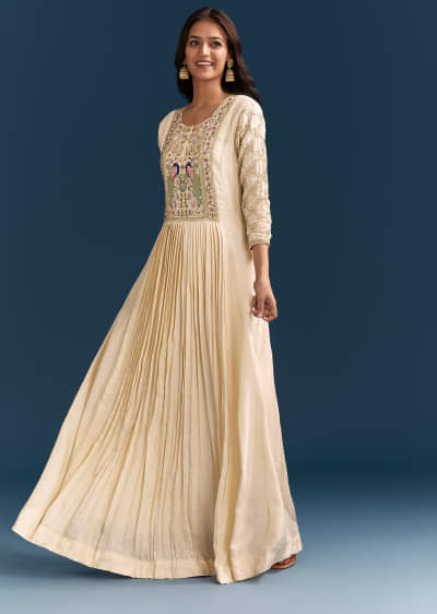 Off White Dola Silk Anarkali Suit With Beads Gotta And Cut Dana Work