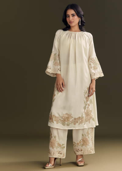 Off White Russian Silk Kurta Dupatta Set With Applique Zari Work