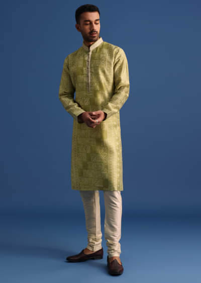Olive Green Silk Printed Kurta Set