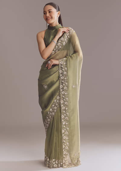 Olive Green Tissue Saree With Zari And Stone Embroidery