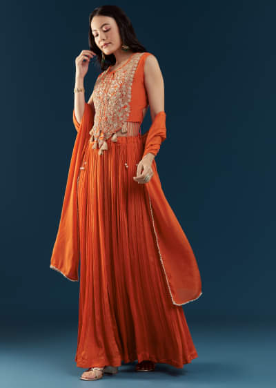 Orange Chinon Crop Top Skirt Set with Zardozi Work