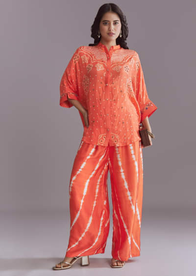 Orange Silk Co-Ord Set With Authentic Bandhani And Leheriya Print