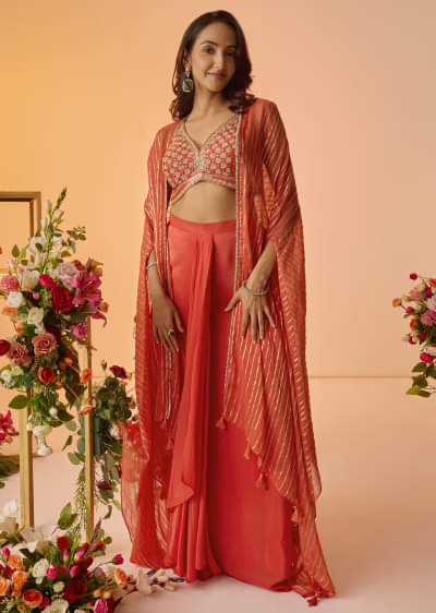 Orange Embroidered Croptop With Pleated Skirt And Chanderi Jacket
