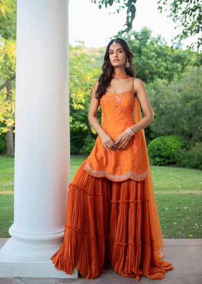 Orange Raw Silk Hand Work Kurti Sharara With Choker Dupatta