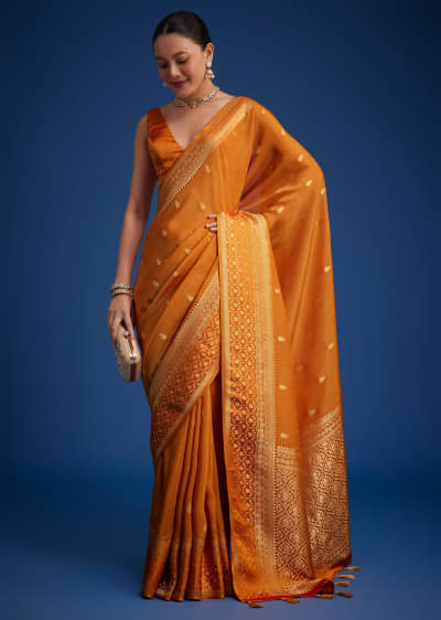 Orange Tissue Silk Saree With Zari Border And Butti Work